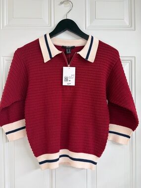 Forever 21 Burgundy Knit Polo Sweater with Cream Collar and Navy Stripe